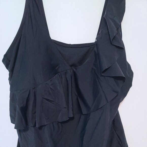 KONA SOL BLACK ASYMMETRICAL SHOULDER RUFFLE HIGH COVERAGE ONE PIECE SIZE 22 W - Picture 5 of 12